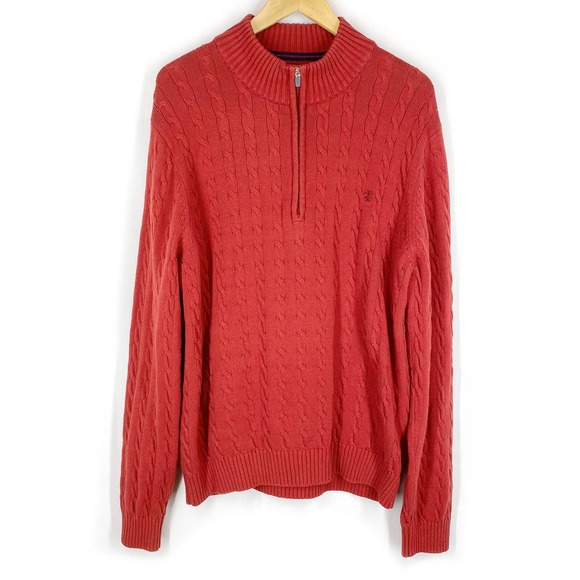 Izod Cable Knit Sweater Red Quarter Zip 100% Cotton Long Sleeve Midweight XXL - Picture 1 of 7